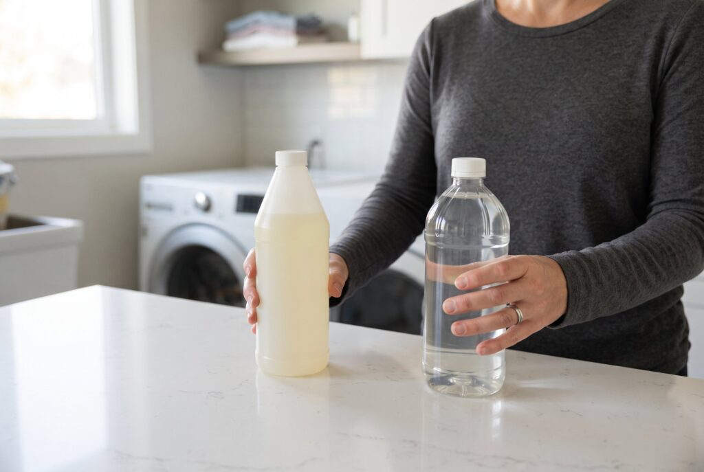 A person holding a white bottle and a clear bottle on a counter in a laundry room.