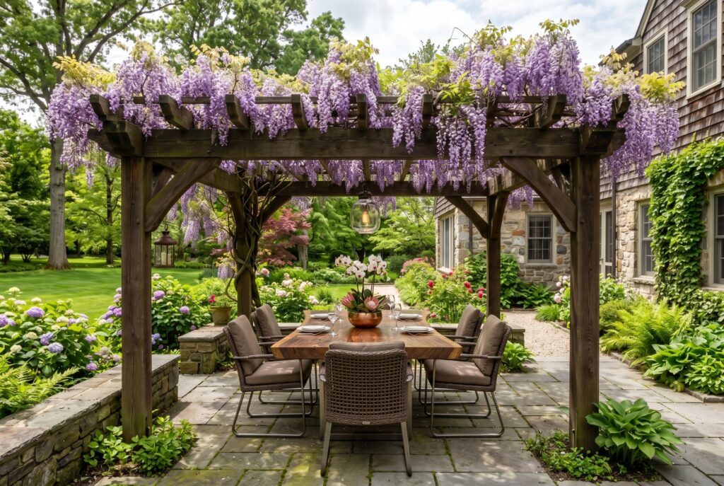 Wisteria covered pergola with outdoor dining area and romantic garden setting.