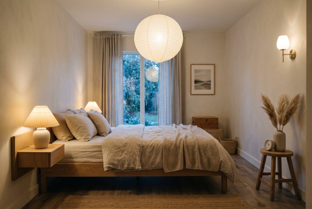 Calming Japandi bedroom with warm lighting from a paper lantern pendant, bedside lamps, and wall sconce.
