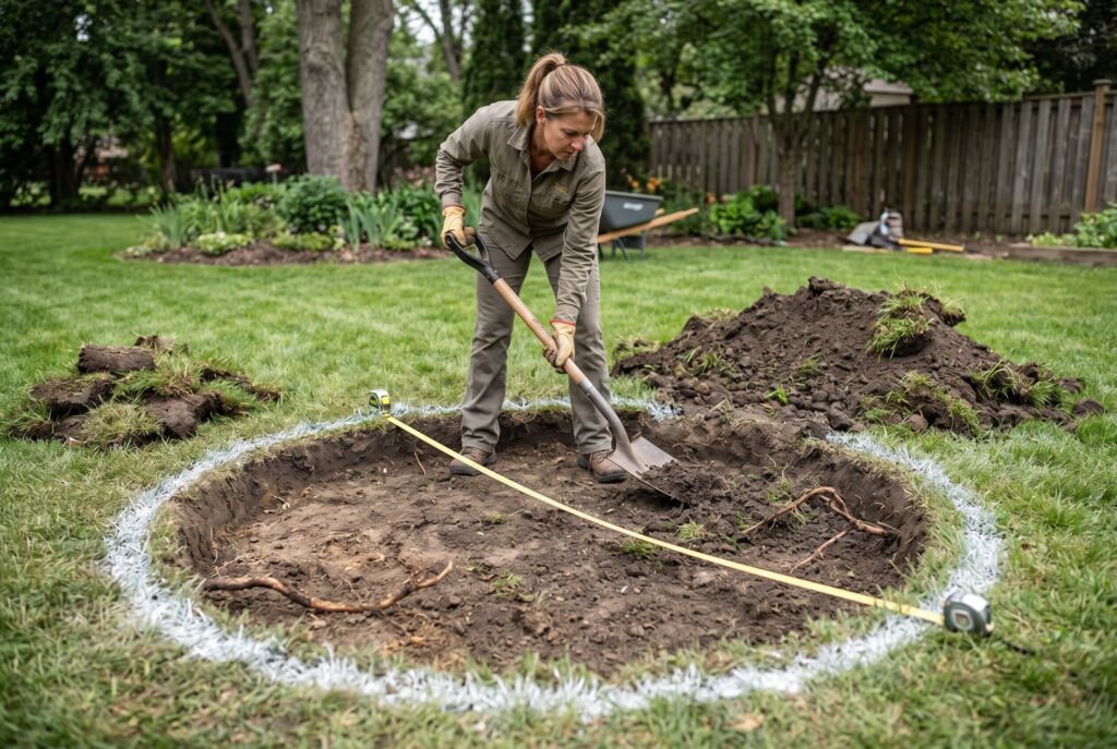 Excavating circular fire pit base with shovel and measuring tape for proper depth.