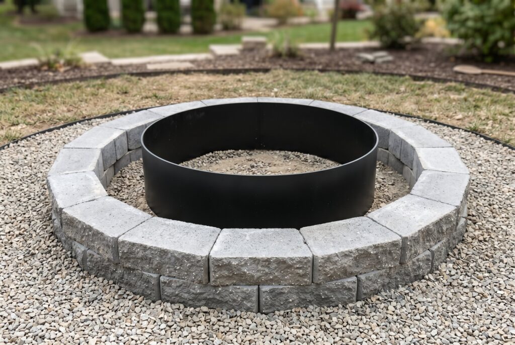 Steel fire ring installed inside masonry fire pit with gravel base and stone surround.