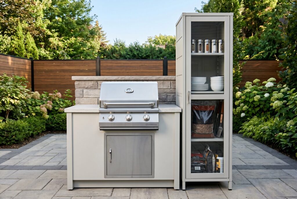 Tall vertical outdoor storage cabinet beside built in grill and compact kitchen run.