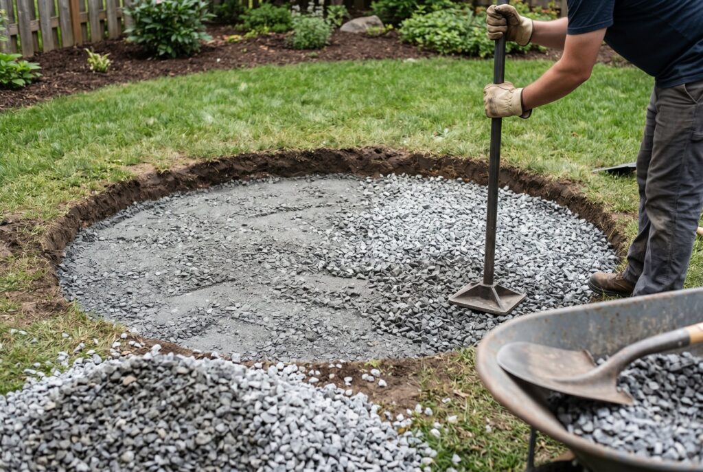 Compacting gravel foundation for fire pit base with crushed stone and tamper. 