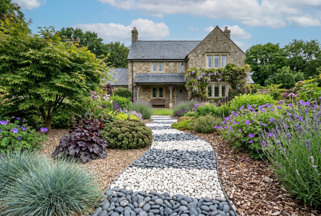 Two tone river rock dry creek bed with layered planting and natural drainage design.