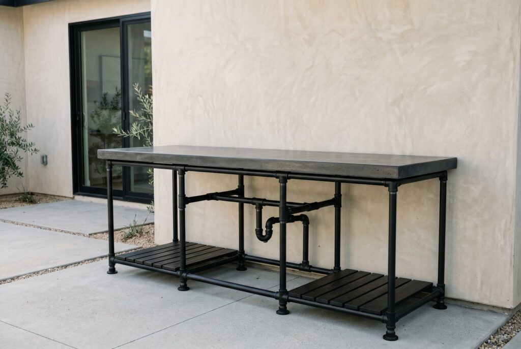 Steel pipe outdoor kitchen workstation with open frame design and built in gas grill. 