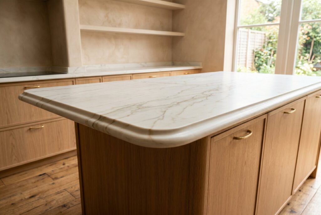 Rounded corner quartzite island countertop with soft edge detailing and light oak cabinetry.