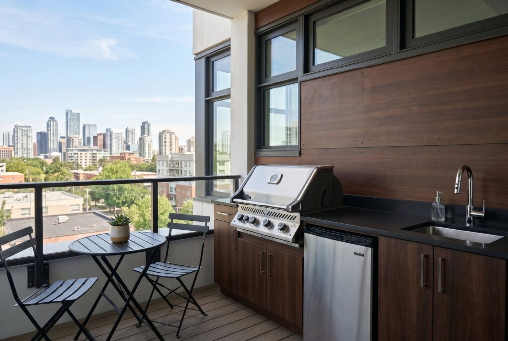 Compact balcony outdoor kitchen with grill, mini fridge, sink, and bistro dining set.
