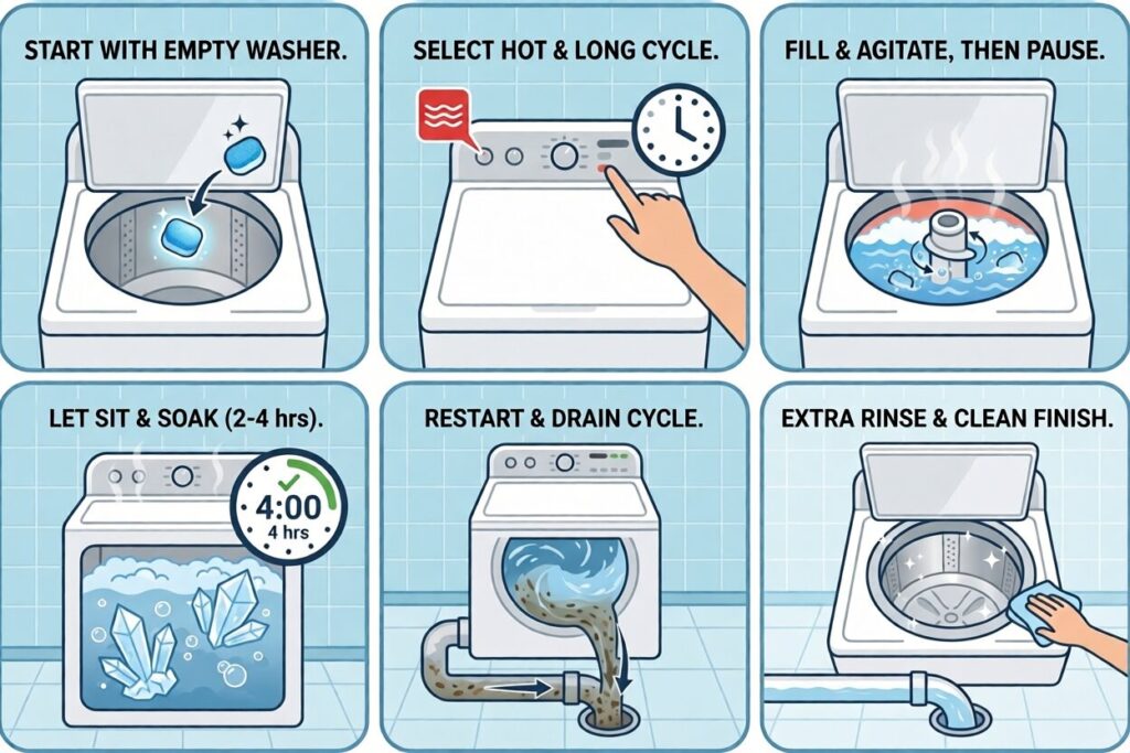 Six illustrated steps on how to clean a top-load washer using a hot, long cycle, a cleaning tablet, and a long soak.