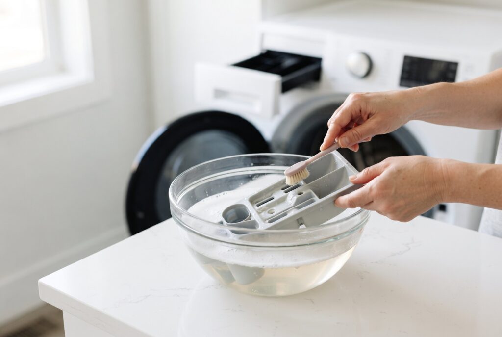 A person's hands clean the washing machine detergent drawer with a small brush over a bowl of soapy water.