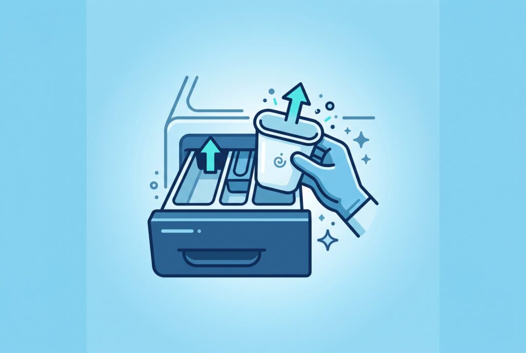 A blue and white illustration of a gloved hand pulling out a removable detergent dispenser drawer for cleaning.