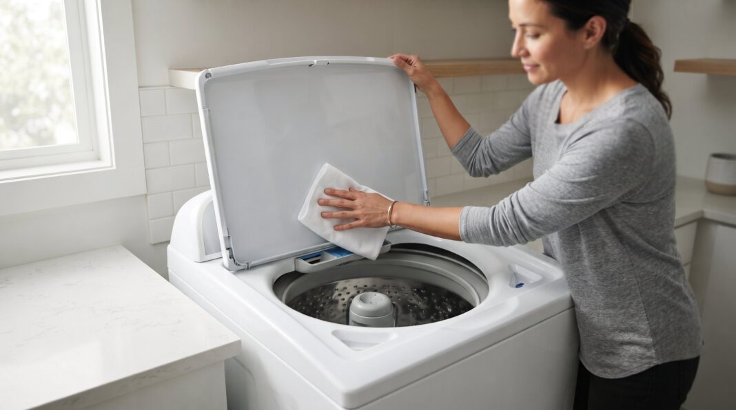 Woman wiping inside of washing machine lid.