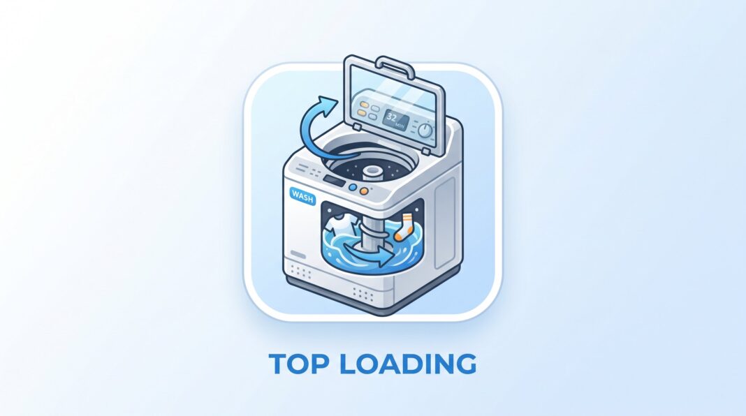 Illustration of a top loading washing machine with lid open and water circulation inside the drum.