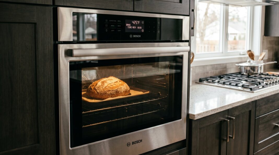 A modern Bosch stainless steel wall oven baking a loaf of bread, representing an appliance that needs regular cleaning to prevent burnt grease and carbon buildup from affecting cooking performance.