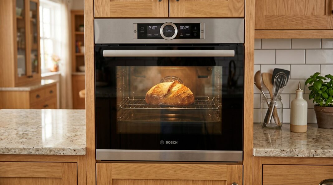 A modern Bosch oven with a loaf of bread baking inside, illustrating an appliance that can be maintained using natural cleaning methods.