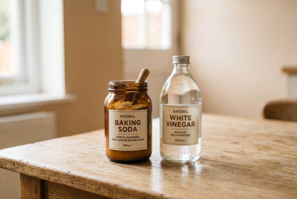 A jar of natural baking soda and a bottle of natural white vinegar sitting on a wooden table, representing the ingredients for a gentle, safe, and low-odor homemade oven cleaner.