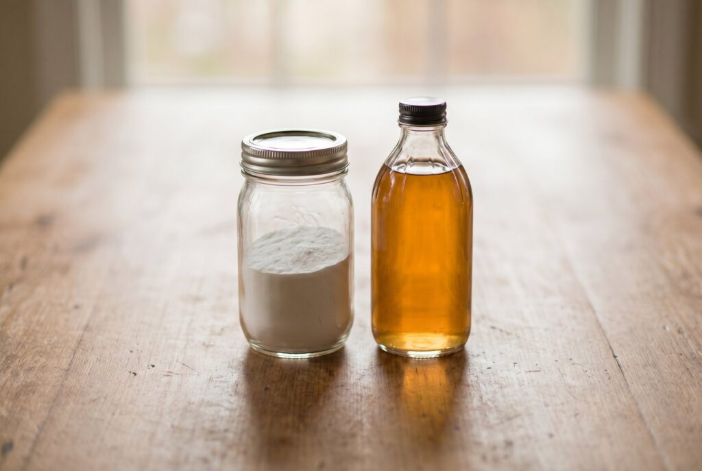 Jar of baking soda beside a bottle of white vinegar on a wooden table.