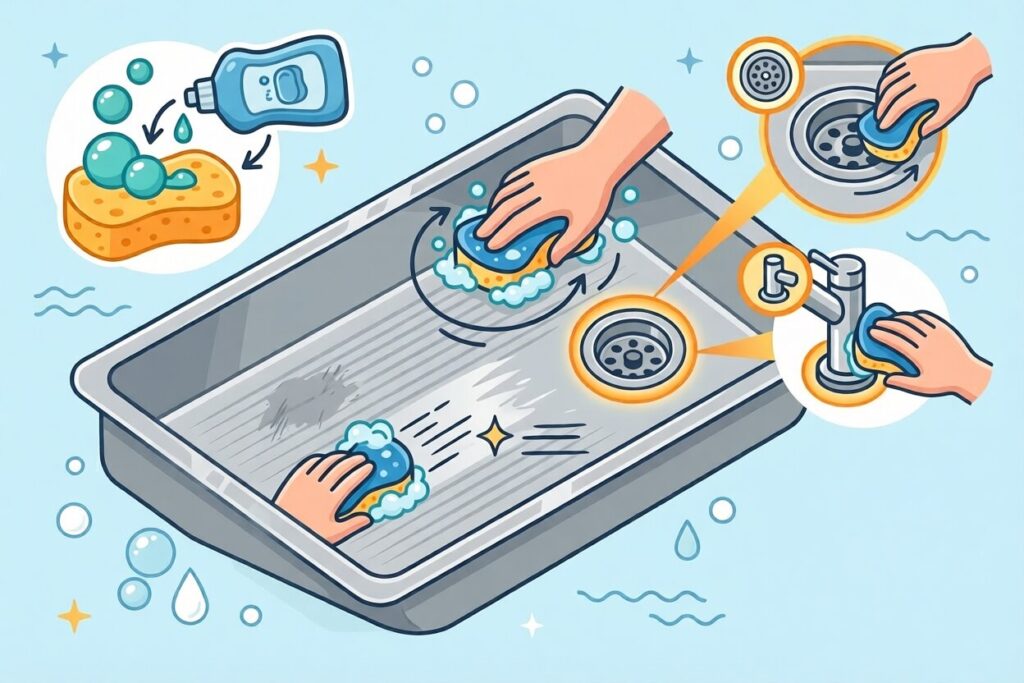 Infographic demonstrating how to scrub a sink, drain, and faucet with a soapy sponge, moving with the grain.