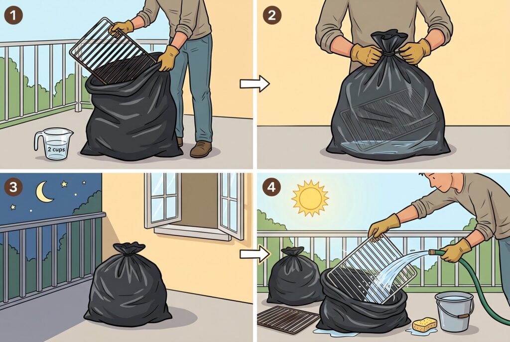 Four illustrated steps: sealing a rack and ammonia in a trash bag, leaving it outdoors, and hosing off.