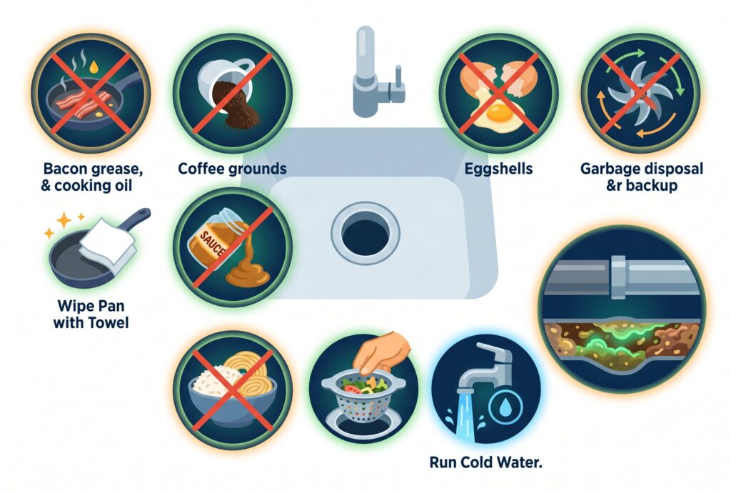 Infographic warning against putting grease, coffee, eggshells, and thick sauces in drains.
