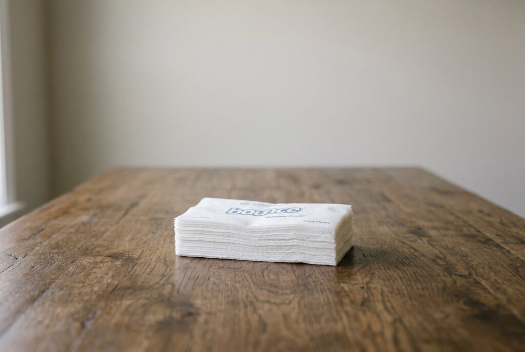 A stack of white dryer sheets on a wooden table, used for a low-effort oven rack cleaning hack.
