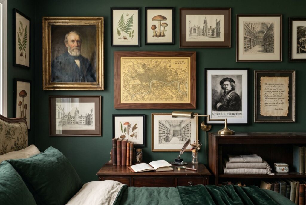 Curated gallery wall with botanical prints, portraits, and antique style frames. 