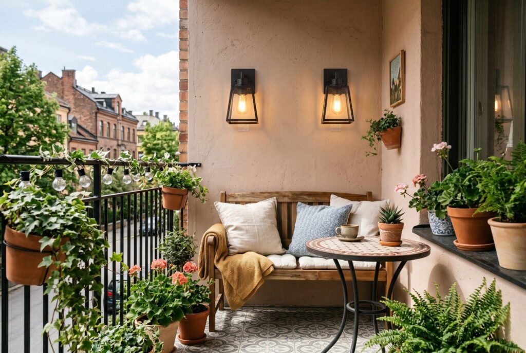 Battery operated wall sconces above balcony bench with potted greenery. 