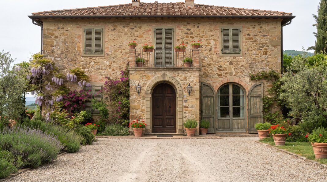Tuscan stone villa, terracotta roof, wooden shutters, arched door, gravel driveway, lush Mediterranean garden.