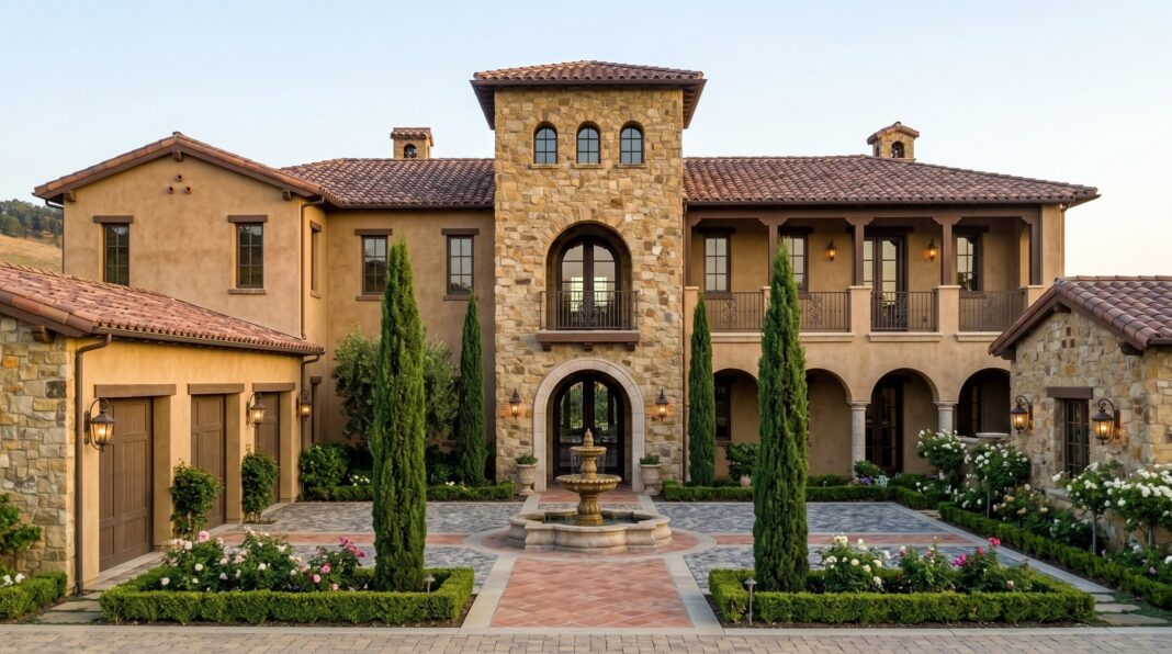 Tuscan stone villa, terracotta roof, wooden shutters, arched door, gravel driveway, lush Mediterranean garden.
