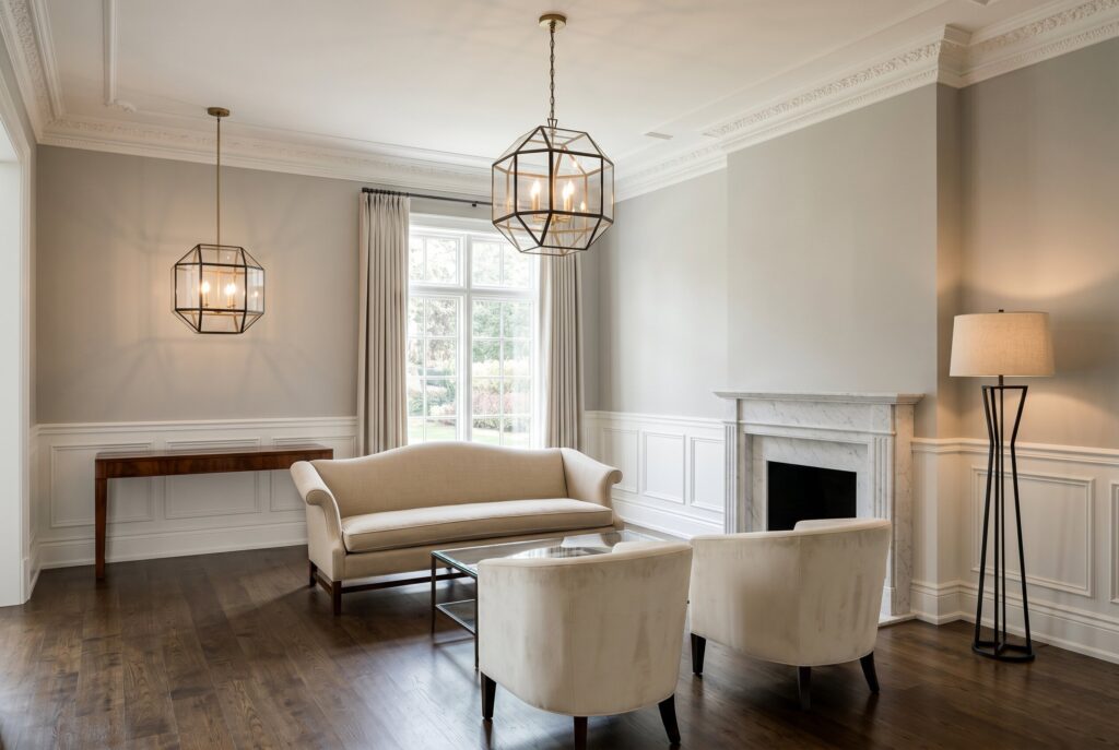 Transitional living room with geometric pendant lights and contemporary lighting fixtures.