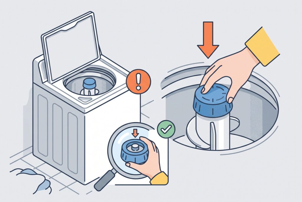 An illustration showing how to remove, inspect, and clean the fabric softener cup on top of a washing machine's agitator.