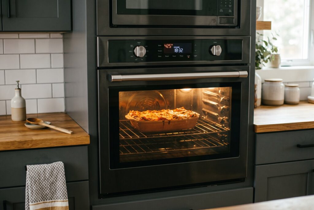 A black wall oven built into dark green kitchen cabinets with a casserole dish baking inside, showing an oven in use that will eventually require cleaning.