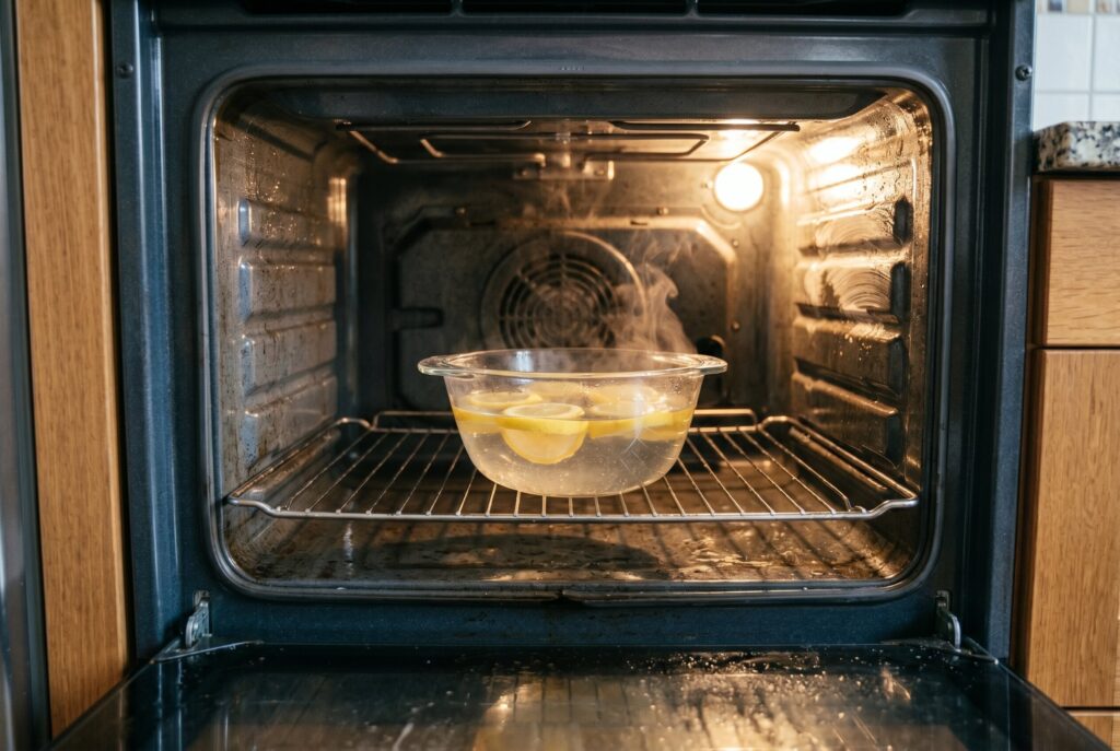 A glass bowl filled with water and lemon slices steaming inside an oven, demonstrating the lemon steam method used for light grime and odor maintenance.