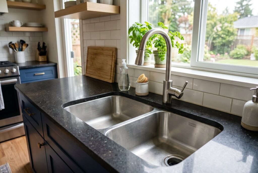Clean double-basin stainless steel kitchen sink set into a dark, solid countertop.