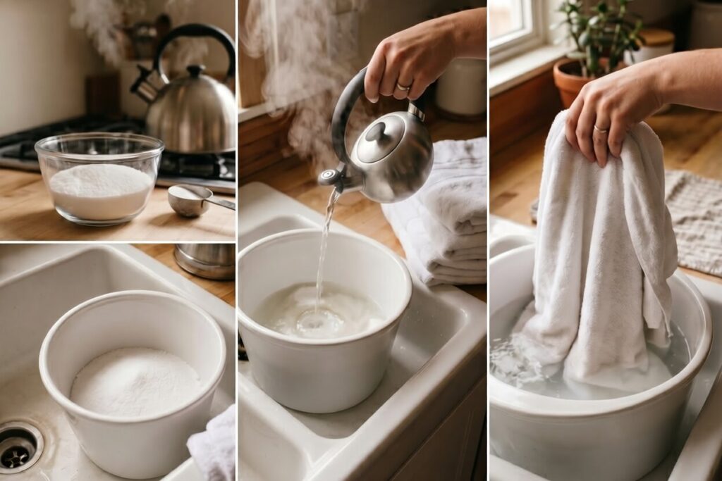 Collage showing a white towel being soaked in a basin of hot water and cleaning powder.