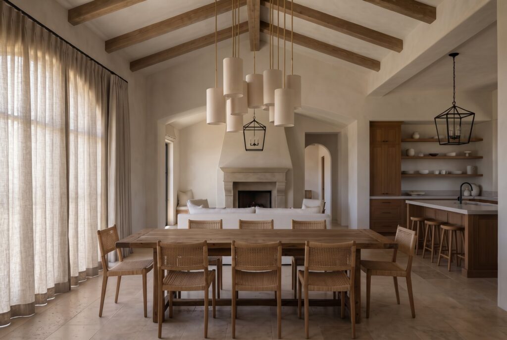 Modern dining-kitchen space with a large table, woven chairs, a linen-shade chandelier, and sleek black iron lanterns. 