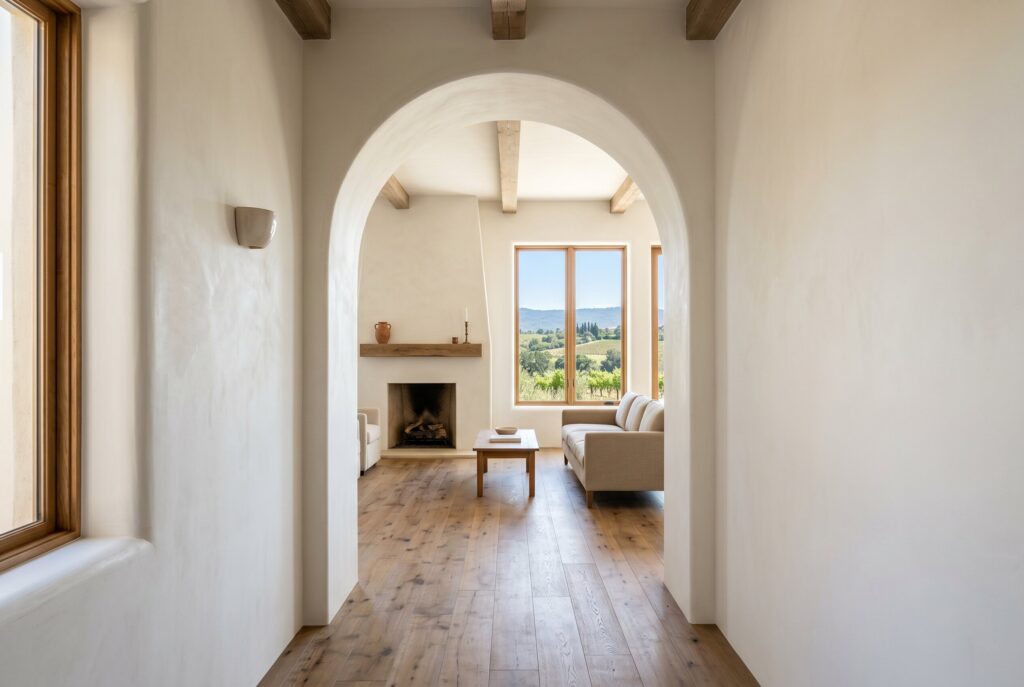 Modern white plaster archway opening to a bright living room with a minimalist fireplace, simple sofa, and light wood floors.
