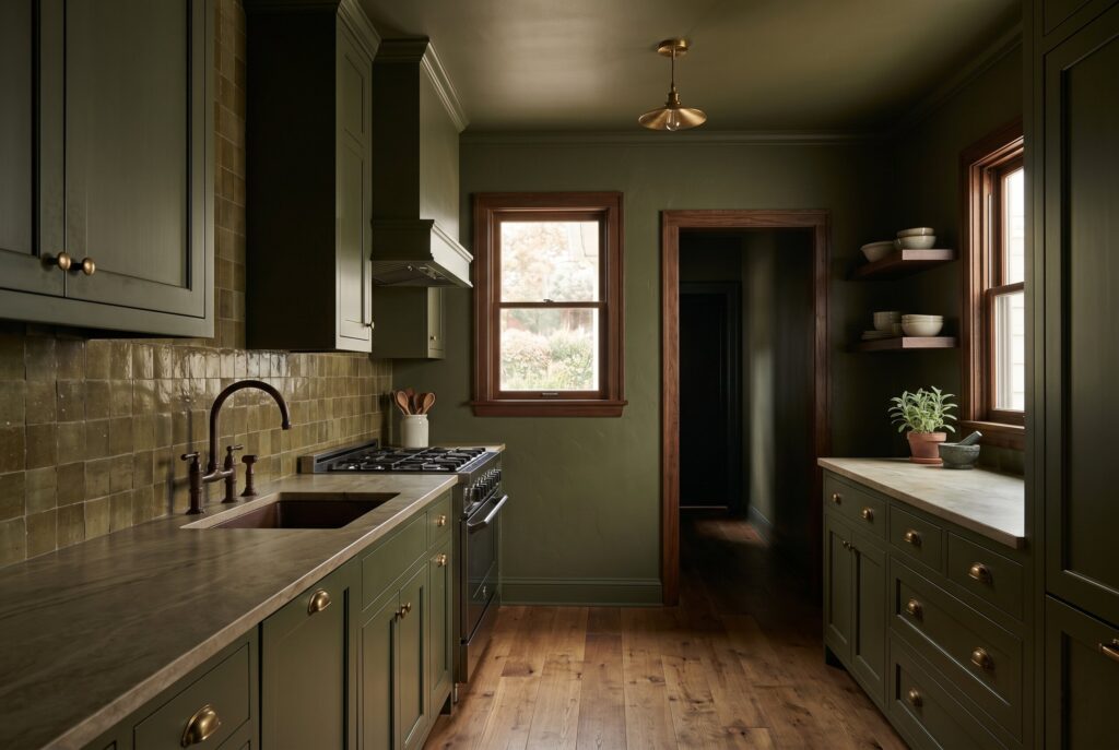 Color drenched green kitchen with terracotta flooring and warm wood accents.