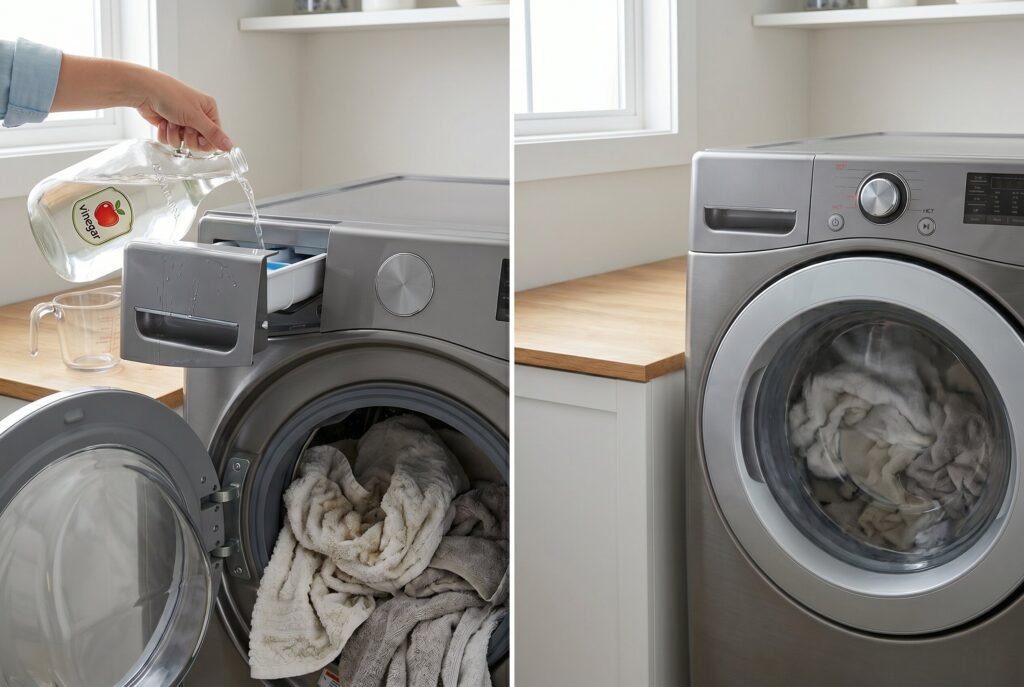 Split image showing someone pouring vinegar into a washer dispenser and a washer running.