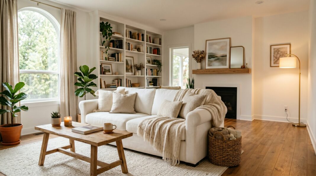 Cozy white living room with cream sofa, wood coffee table, built-in bookshelves, fireplace, and warm natural light.