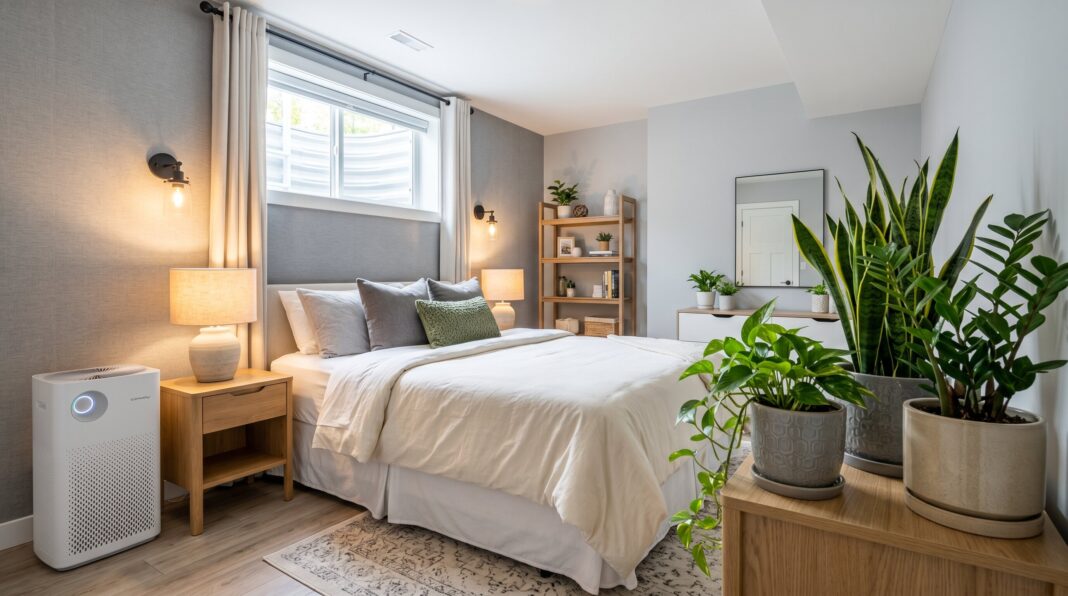 Basement bedroom with egress window, layered bedding, and indoor plants creating a cozy guest suite.