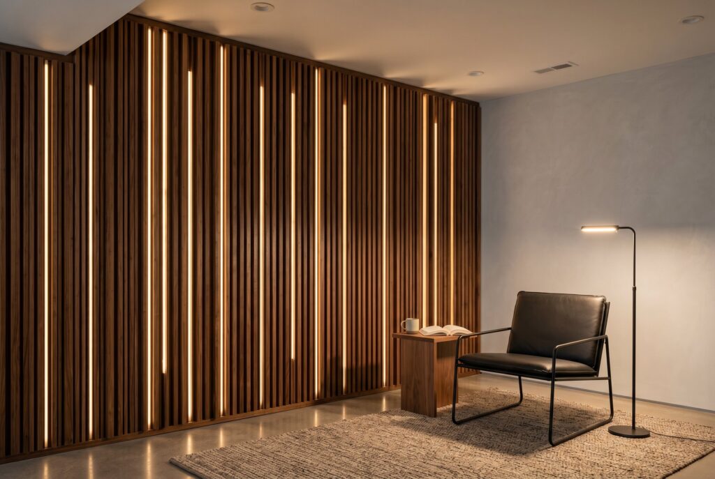Vertical walnut slat feature wall with integrated LED lighting in reading nook.