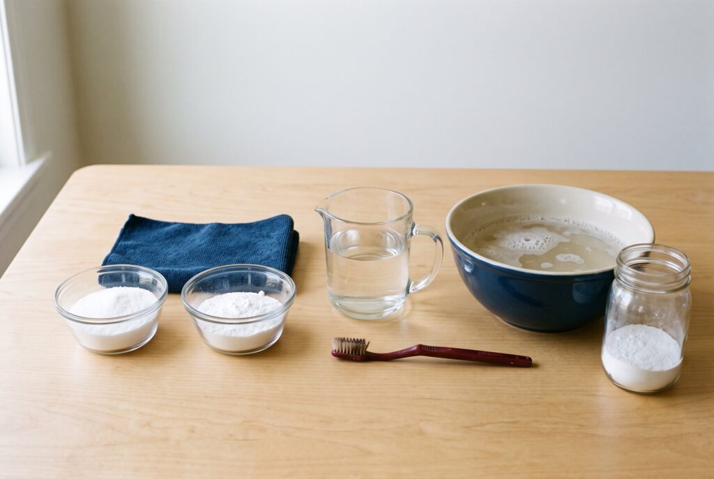 Ingredients for a natural washer cleaner: baking soda, borax, a glass of water, a bowl of soapy water, and a toothbrush.