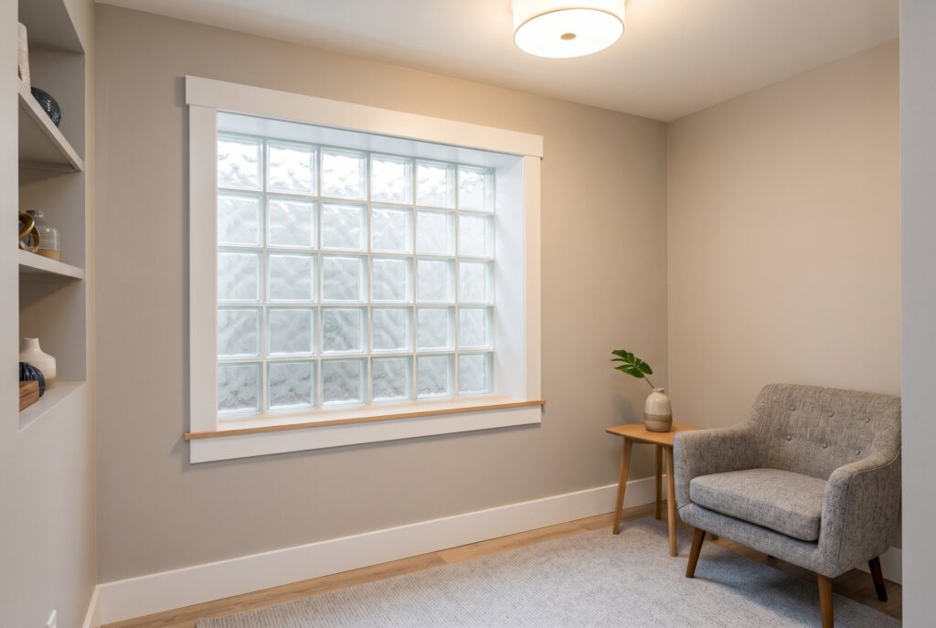 Murphy bed with built in shelving transforming basement office into guest room.