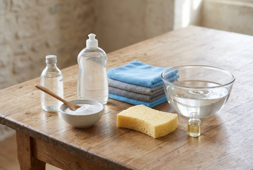 Cleaning supplies on a table including baking soda, dish soap, a sponge, microfiber cloths, and a small bottle of oil.