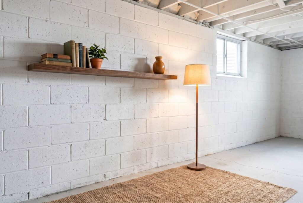 Whitewashed cinder block basement wall with floating shelf and warm floor lamp.