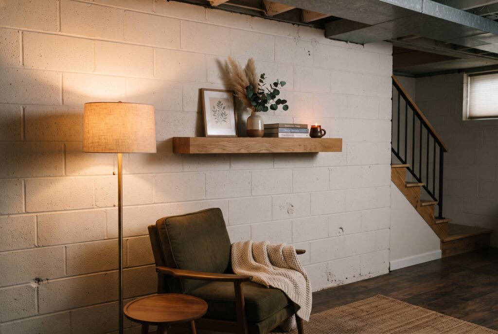 Whitewashed cinder block basement wall with floating shelf and warm floor lamp.