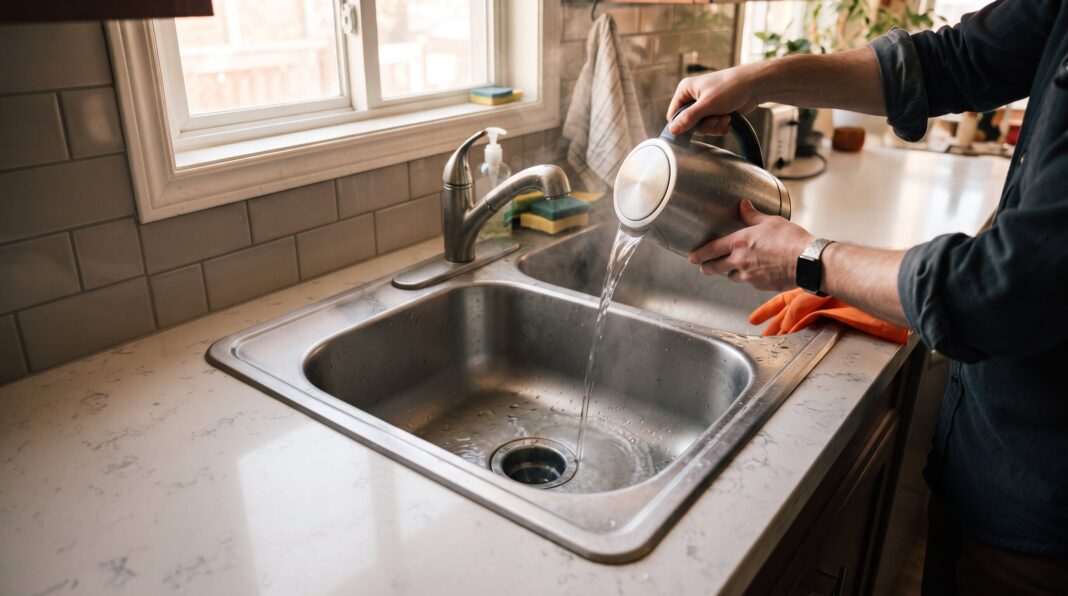 A person pours water from a kettle into a kitchen sink.