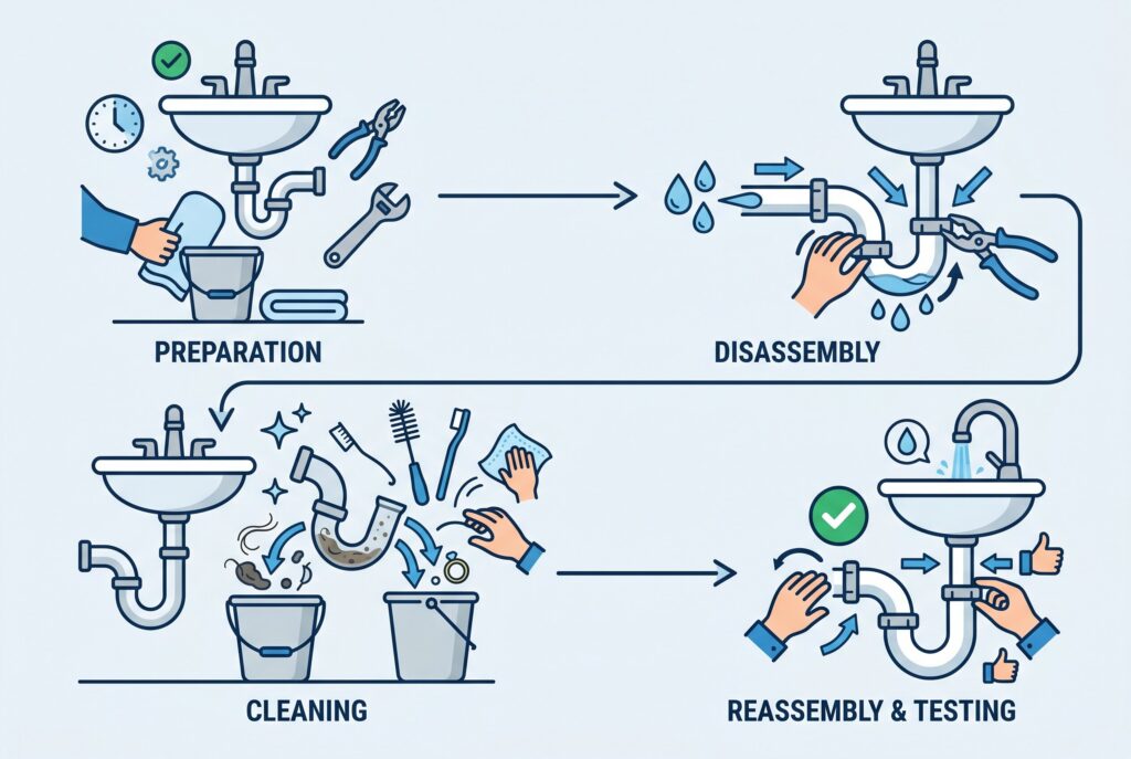Infographic detailing four steps to clean a bathroom sink P-trap: preparation, disassembly, cleaning, and reassembly.
