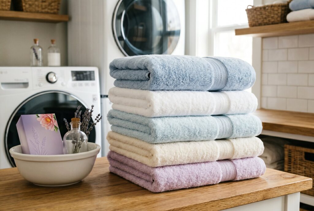 A neat stack of freshly folded pastel-colored towels on a counter next to washing supplies.