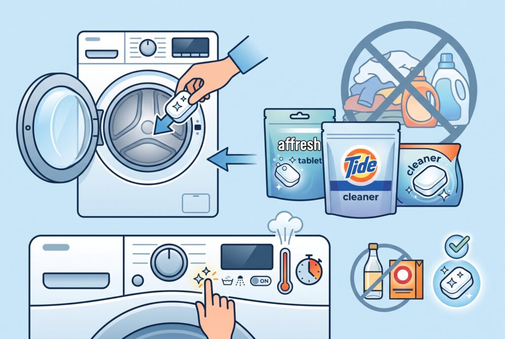 An illustration showing the use of a washing machine cleaner tablet in an empty drum on a hot cleaning cycle.